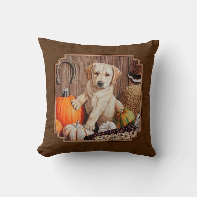 Labrador Retriever Hund & Pumpkins Brown Kudde (Framsida)
