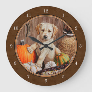 Labrador Retriever Hund & Pumpkins Brown Stor Klocka