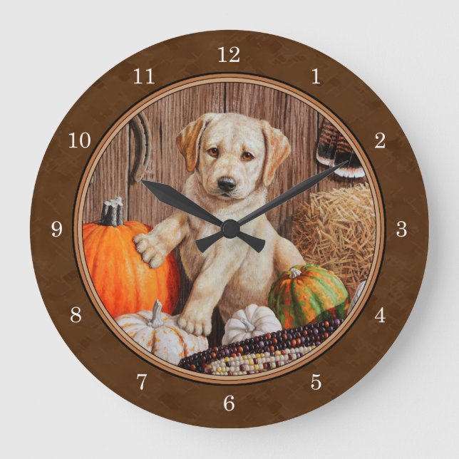 Labrador Retriever Hund & Pumpkins Brown Stor Klocka (Framsida)