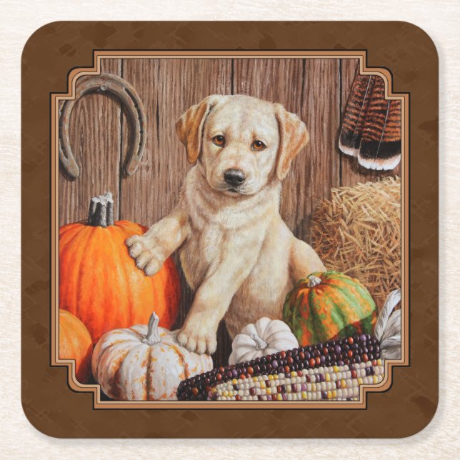 Labrador Retriever Hund & Pumpkins Brown Underlägg Papper Kvadrat (Framsidan)