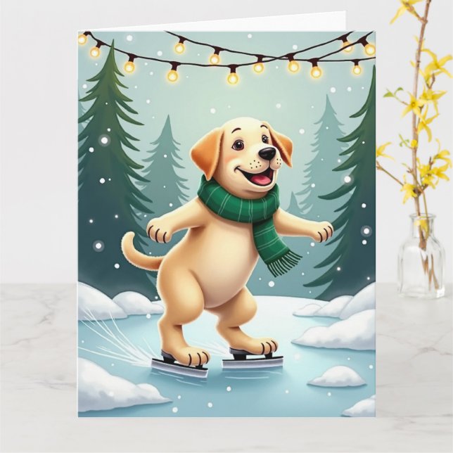 Labrador Retriever Ice Skating Christmas Painting Kort (Gul blomma)