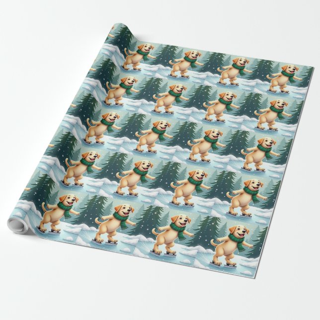 Labrador Retriever Ice Skating Christmas Painting Presentpapper (Utrullad)