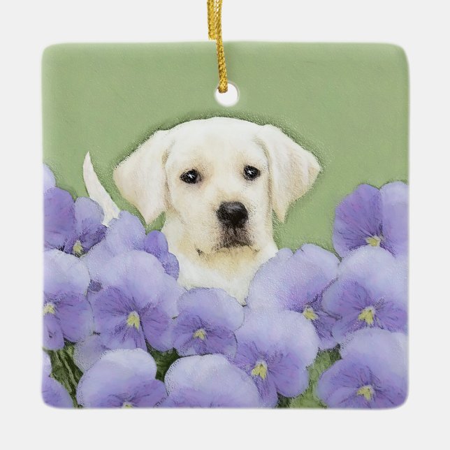 Labrador Retriever Puppy Painting Original Hund Ar Julgransprydnad Keramik (Framsida)