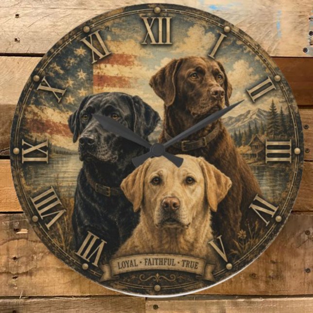  Labrador Retriever Rustic American Flag  Stor Klocka (Skapare uppladdad)