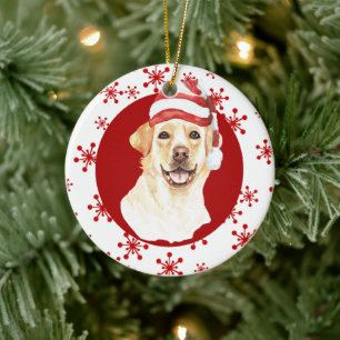 Labrador Retriever Santa Hat Red Snowflake Julgransprydnad Keramik