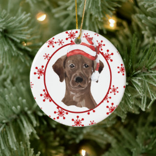 Labrador Retriever Santa Hat Red Snowflake Julgransprydnad Keramik
