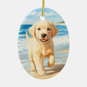 Labrador Retriever-valp på stranden Julgransprydnad Keramik