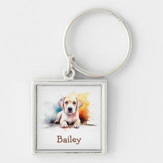 Labrador Retriever Watercolor Keychain Fyrkantig Silverfärgad Nyckelring