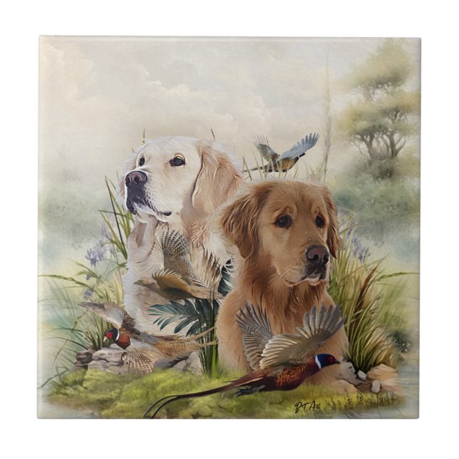 Labrador Retrievers with Pheasant ,Art Kakelplatta (Framsidan)