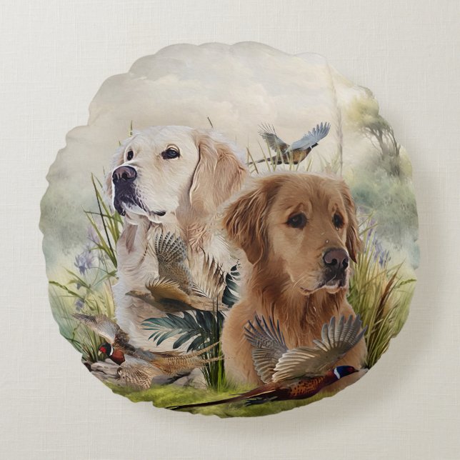 Labrador Retrievers with Pheasant ,Art Rund Kudde (Framsidan)