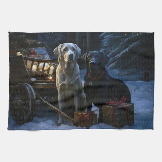 Labrador Snowy Sleigh-juldekretet Kökshandduk (Horisontell)