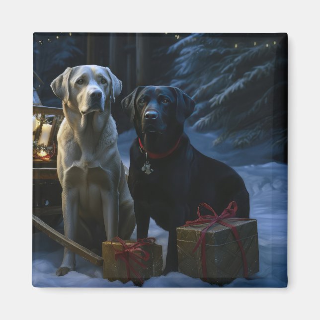 Labrador Snowy Sleigh-juldekretet Magnet (Framsidan)