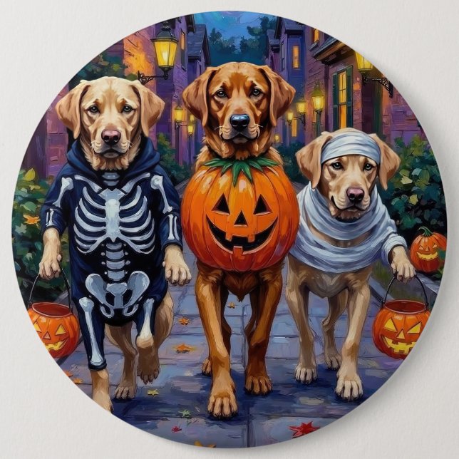 Labrador som trick-or-treater i Halloween-kostymer Knapp (Framsida)