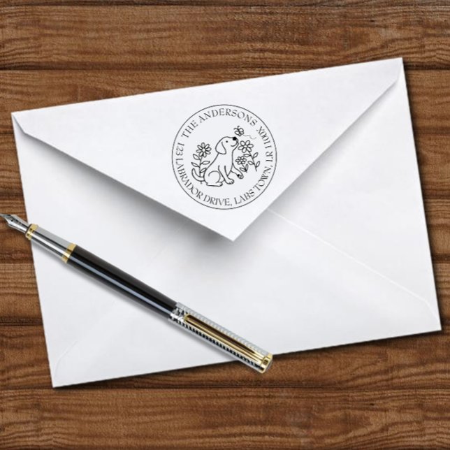 Labrador, valp, blommor, cirkel, Returadress Självfärgande Stämpel (Labrador Puppy Flowers Cercle Return Address Self-inking Stamp for Labrador Owners.  Cute Cartoon.)