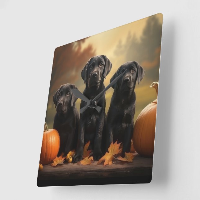 Labrador Valp Höstglädje Pumpa Fyrkantig Klocka (Vinkel)
