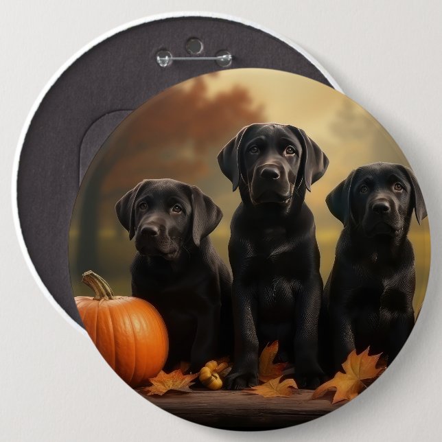 Labrador Valp Höstglädje Pumpa  Knapp (Framsida & baksida)