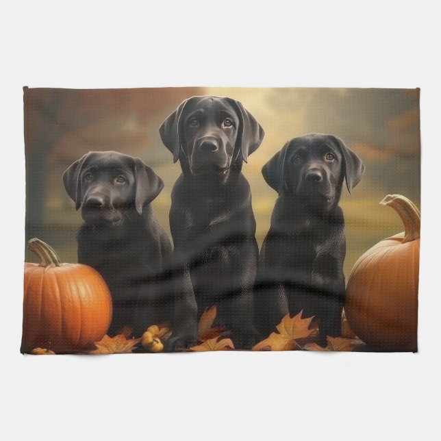 Labrador Valp Höstglädje Pumpa  Kökshandduk (Horisontell)
