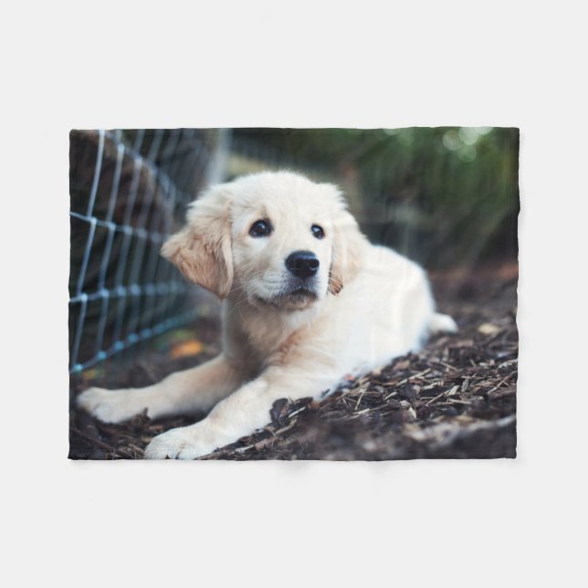 Labrador valp som leker i trädgården fleecefilt (Framsidan (Horisontell))