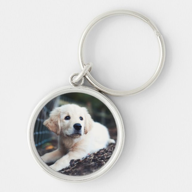 Labrador valp som leker i trädgården rund silverfärgad nyckelring (Framsidan)