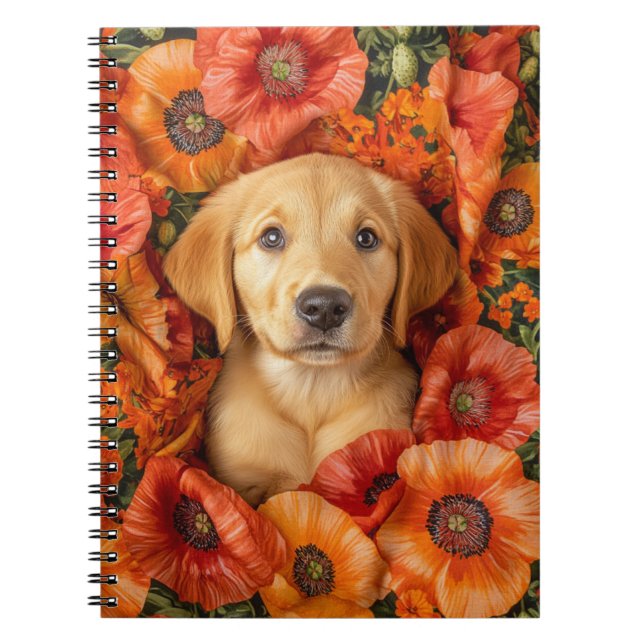 Labrador x Golden Puppy Snuggled in Poppies Anteckningsbok (Framsidan)