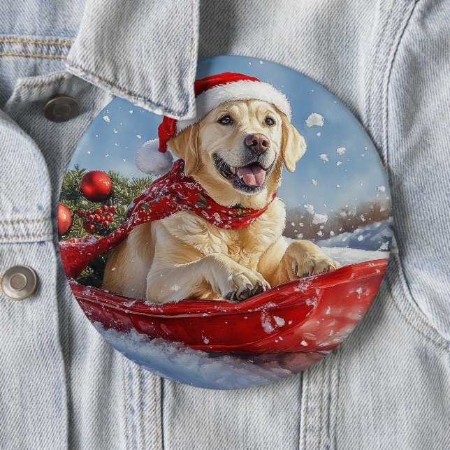 Labradorhund i släde Låt det snöa jul Knapp (In Situ)