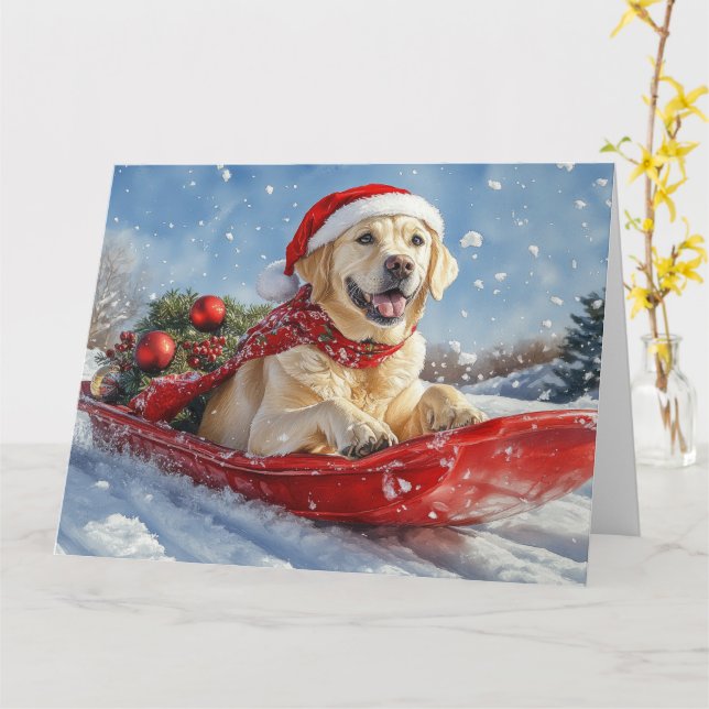 Labradorhund i släde Låt det snöa jul Kort (Gul blomma)