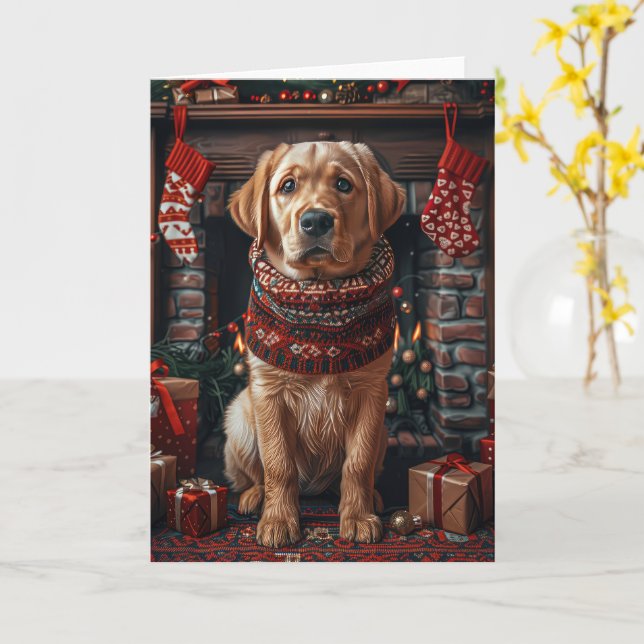 Labradorhund med julklappar Kaminen Kort (Gul blomma)
