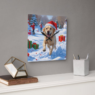 Labradorhund springer i snö med julhatt fyrkantig klocka