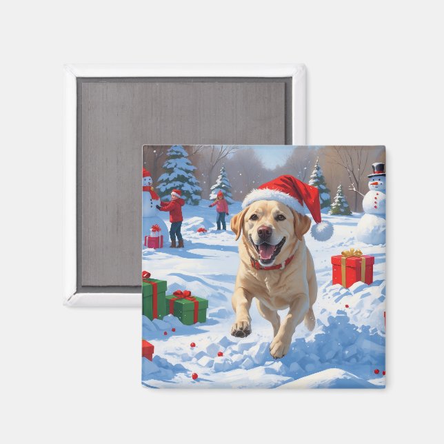 Labradorhund springer i snö med julhatt magnet (Front/Back)