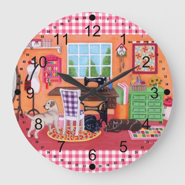 Labradors i mamma målning för sömnadrum stor klocka (Framsida)