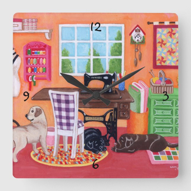 Labradors in Mamma Sewing Room Painting Fyrkantig Klocka (Framsida)
