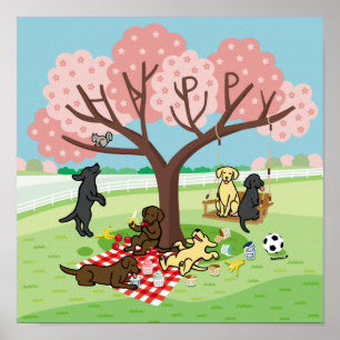 Labradors och Lycklig Cherry Blommar Poster
