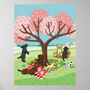 Labradors och Lycklig Cherry Blommar Poster