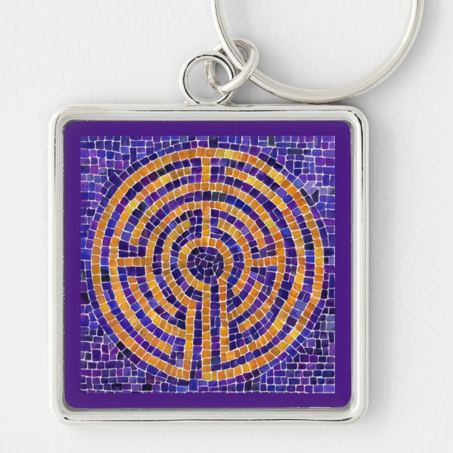 LABYRINTH MOSAIC Premium Square Keychain Fyrkantig Silverfärgad Nyckelring (Framsidan)
