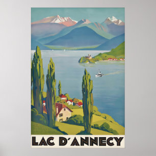 Lac d’Annecy Frankrike Vintage Resemärke, Alperna Poster