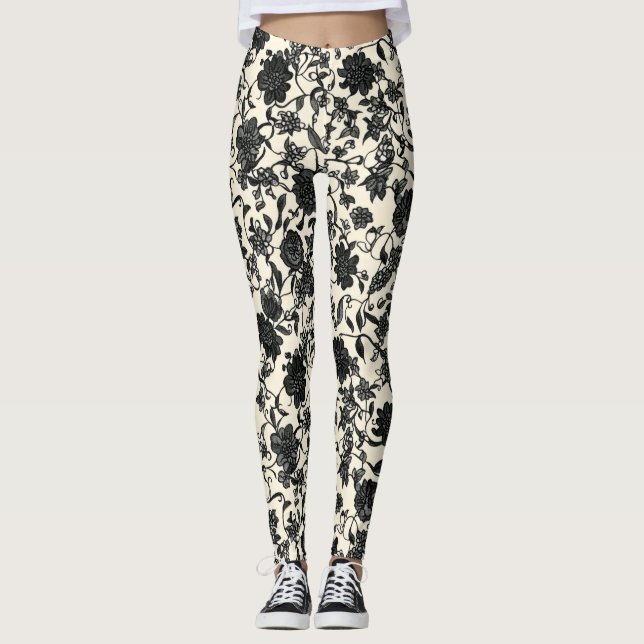 Lacce Flower Black Mönster Leggings (Framsida)