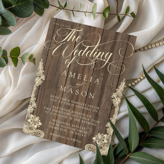Lace and Wood Script Calligraphy Rustic Wedding Inbjudningar