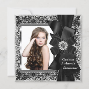 Lace & Bow Silver Svart Quinceanera Festinladning Inbjudningar