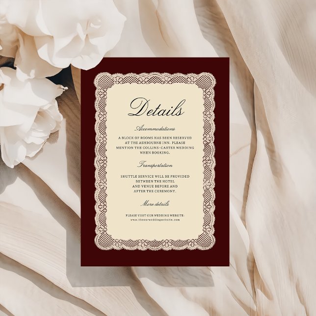 Lace Burgundy Wedding Details Enclosure Card Tilläggskort (Skapare uppladdad)