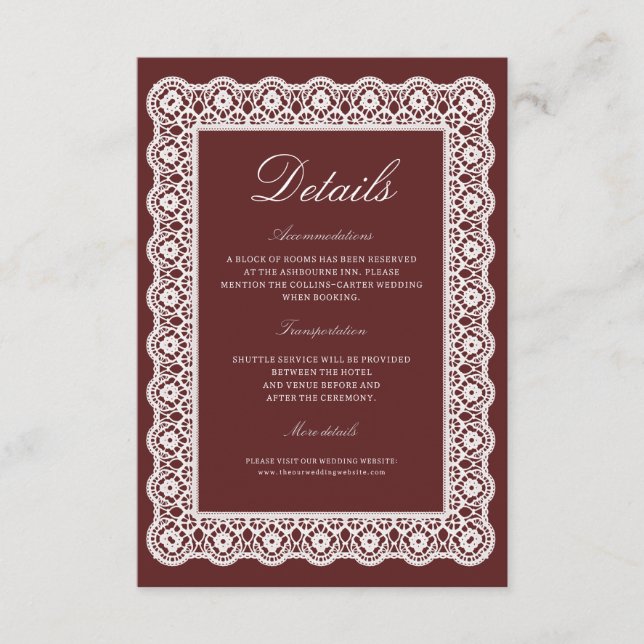 Lace Burgundy Wedding Details Enclosure Card Tilläggskort (Framsida)