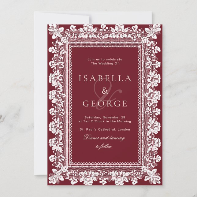 Lace Deep red Old Money Wedding Inbjudningar (Framsida)