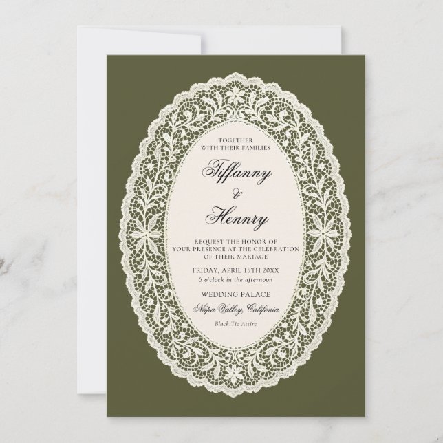 Lace Doily Olive Green Wedding Invitation Inbjudningar (Framsida)
