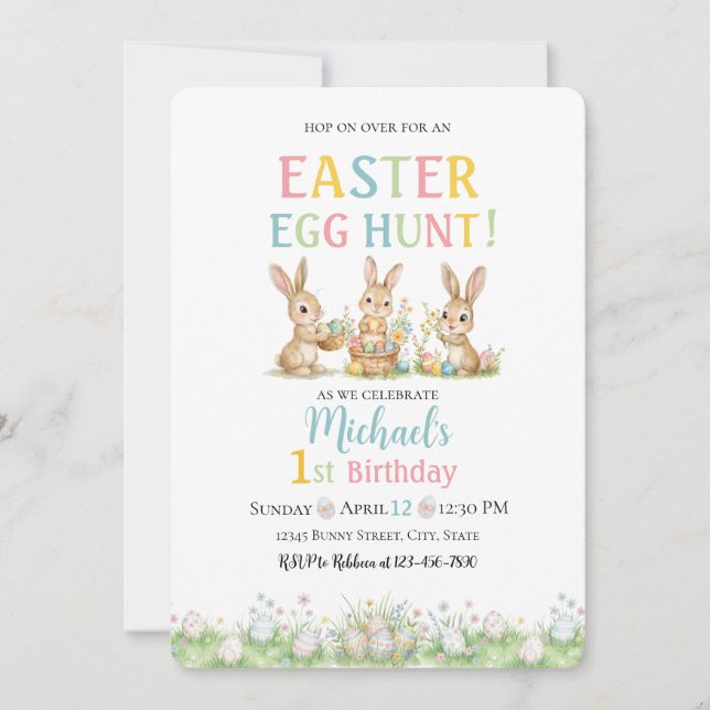 Lace Easter Egg Hunt Boy First Birthday Invitation Inbjudningar (Framsida)