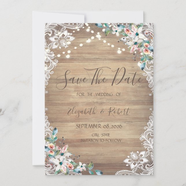 Lace Flowers Wood Texture, Lights Save The Date Spara Datumet (Framsida)