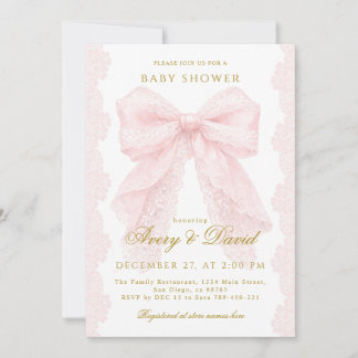 Lace Pink Bow Girl Baby Shower  Inbjudningar