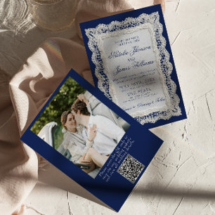 Lace Royale Blå Gamla Pengar Foto QR-kod Bröllop  Inbjudningar
