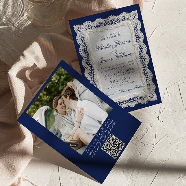 Lace Royale Blå Gamla Pengar Foto QR-kod Bröllop  Inbjudningar (Skapare uppladdad)