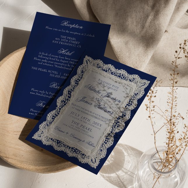 Lace Royale Blå Old Money Allt-i-ett Bröllop Inbjudningar (Skapare uppladdad)