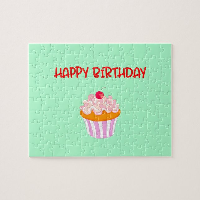 Läcker muffin för grattis på födelsedagen på grönt pussel (Horisontell)