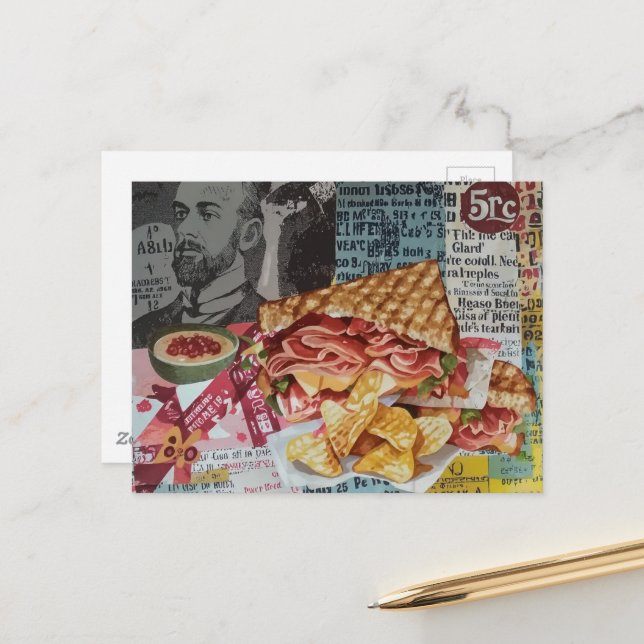 läcker smörgås och chips junk journal collage vykort (Fram/Back In Situ)
